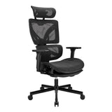 The product is an ergonomic office chair, specifically the UVI Focus Pro model. The chair features a sleek black design with a mesh backrest and seat, providing breathability and comfort. It includes adjustable armrests and a headrest, emphasizing ergonomic support for long hours of sitting.