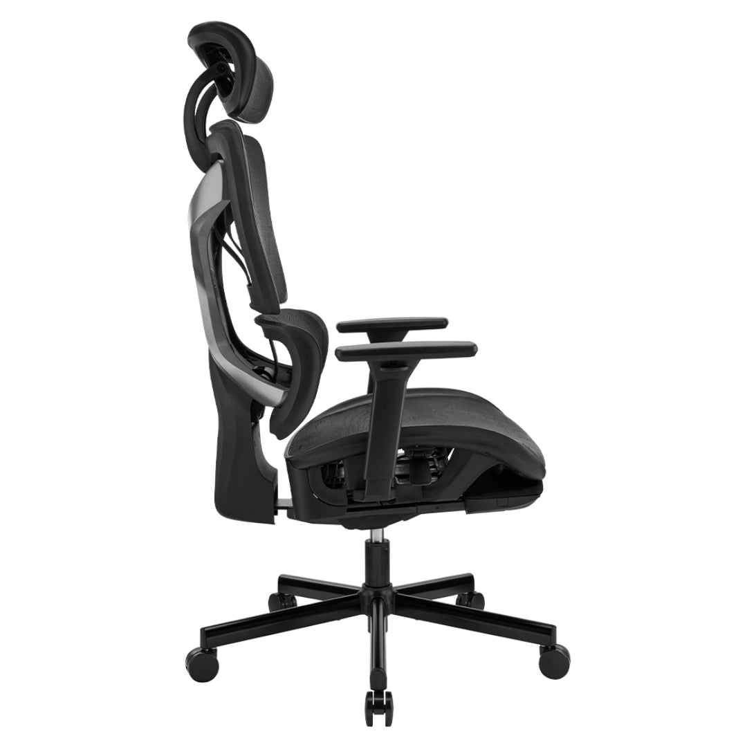 The product is an ergonomic office chair, specifically the UVI Focus Pro model. The image shows the chair from the side, highlighting its sleek design, adjustable headrest, and armrests, along with a breathable mesh back for comfort and support. The chair is mounted on a five-point base with wheels for mobility.