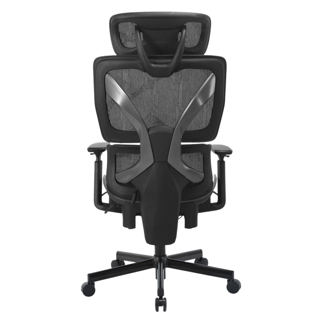 The product is an ergonomic office chair, specifically the UVI Focus Pro model. The image shows the chair from the back, featuring a sleek design with a mesh backrest for breathability, adjustable armrests, and a sturdy base with wheels for mobility. The overall aesthetic is modern and functional, emphasizing comfort and support for extended use.