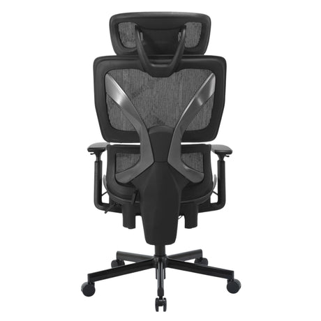 The product is an ergonomic office chair, specifically the UVI Focus Pro model. The image shows the chair from the back, featuring a sleek design with a mesh backrest for breathability, adjustable armrests, and a sturdy base with wheels for mobility. The overall aesthetic is modern and functional, emphasizing comfort and support for extended use.