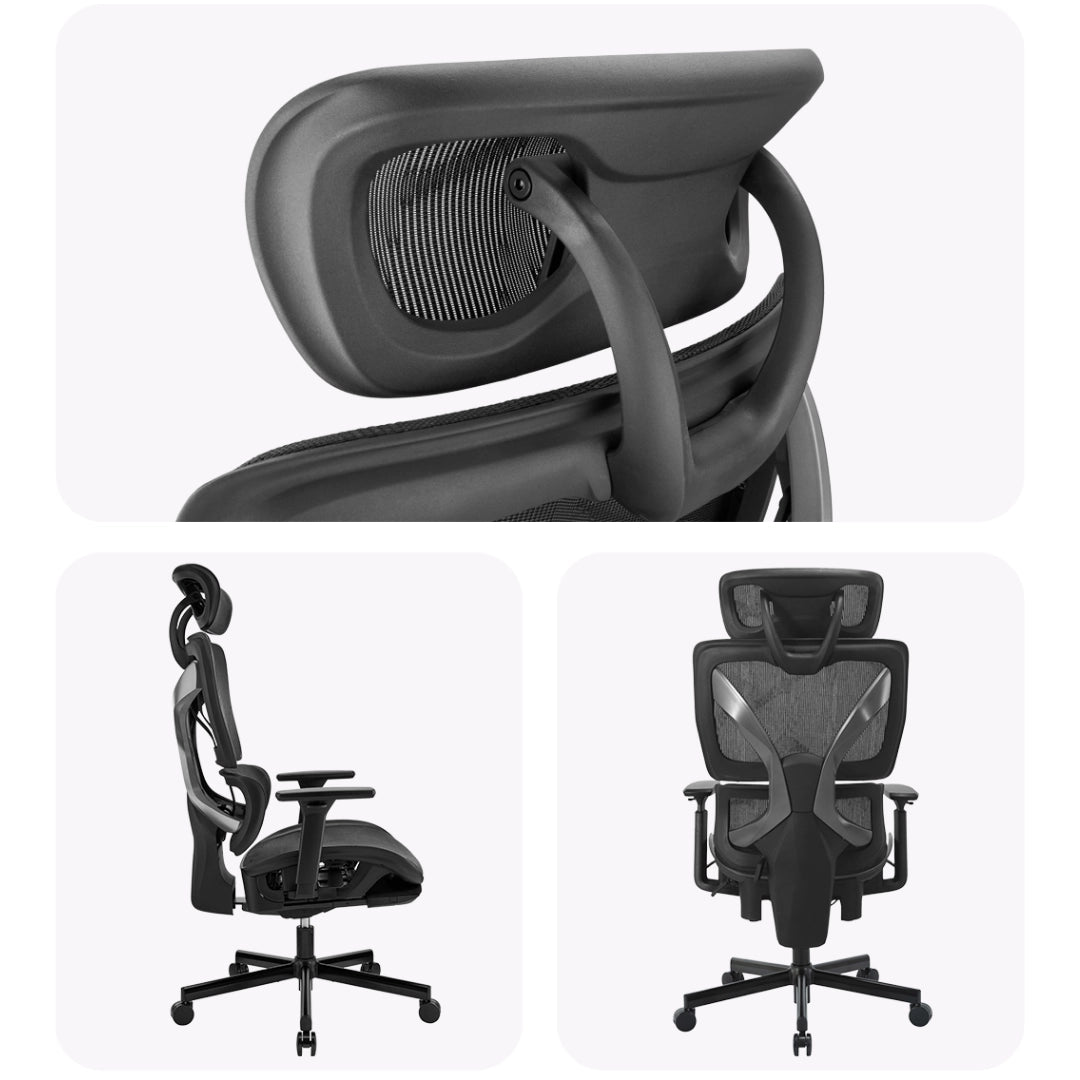 The product is an ergonomic office chair, specifically the UVI Focus Pro model. The image showcases various angles of the chair, highlighting its sleek design, breathable mesh backrest, and adjustable armrests, emphasizing comfort and support for long hours of use.