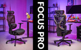 The product is an ergonomic office chair, specifically the UVI Focus Pro model. The image shows two views of the chair, highlighting its modern design with a mesh backrest and seat, adjustable armrests, and a sleek base with wheels. The background features a colorful workspace setup, adding to the contemporary aesthetic.
