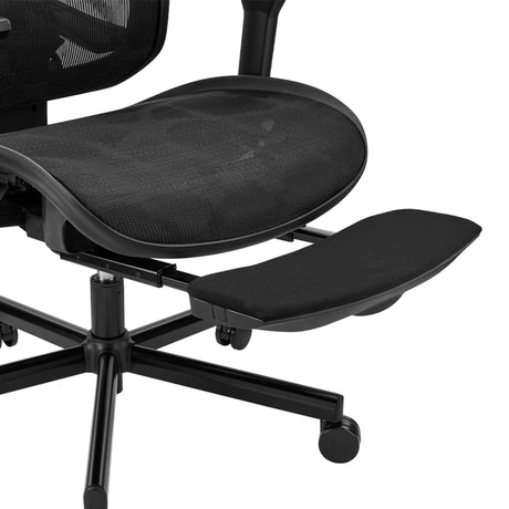 The image features an ergonomic office chair, specifically the UVI Focus Pro model. It showcases a sleek design with a breathable mesh seat and backrest, along with a retractable footrest for added comfort. The chair is supported by a sturdy base with wheels for mobility.