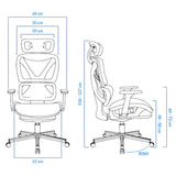 The product is an ergonomic office chair, specifically the UVI Focus Pro model. The image displays a detailed diagram with dimensions, showcasing the chair's design from both the front and side views. It features adjustable components, including the headrest and armrests, emphasizing its ergonomic design for comfort and support during long hours of use.