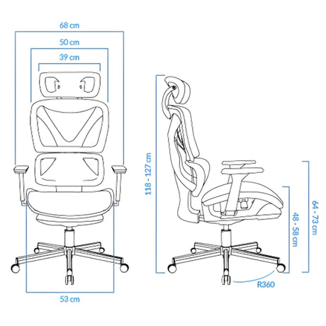 The product is an ergonomic office chair, specifically the UVI Focus Pro model. The image displays a detailed diagram with dimensions, showcasing the chair's design from both the front and side views. It features adjustable components, including the headrest and armrests, emphasizing its ergonomic design for comfort and support during long hours of use.