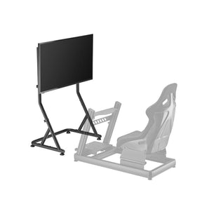 The product is a standalone monitor and TV stand designed for racing simulations. It is branded as UVI and is likely intended to complement a racing simulator setup. The image shows a sleek, minimalist stand supporting a flat-screen monitor, alongside a representation of a racing seat and frame, indicating its compatibility with racing setups.