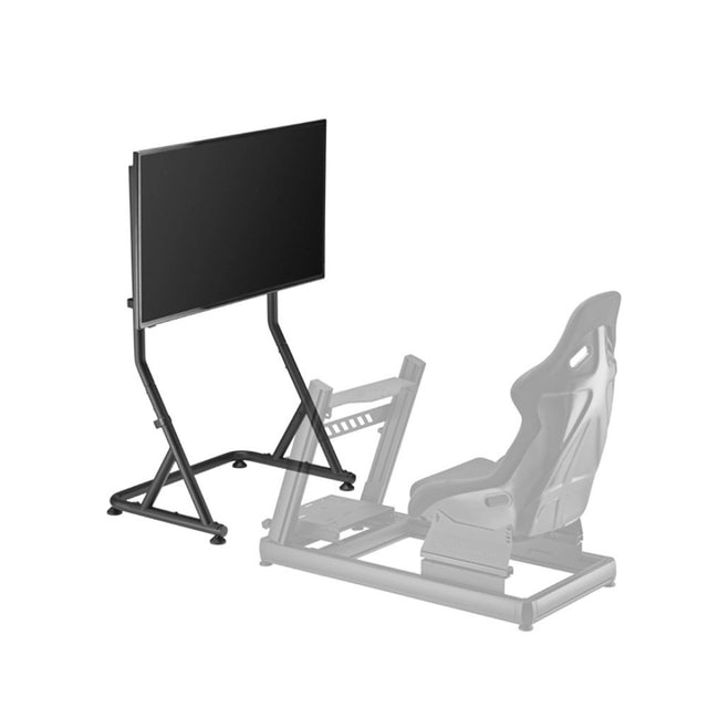 The product is a standalone monitor and TV stand designed for racing simulations. It is branded as UVI and is likely intended to complement a racing simulator setup. The image shows a sleek, minimalist stand supporting a flat-screen monitor, alongside a representation of a racing seat and frame, indicating its compatibility with racing setups.