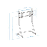 The product is a standalone monitor or TV stand designed for racing simulations, likely from the brand UVI. The image shows a technical drawing of the stand, displaying its dimensions and structural design, which includes a sturdy frame with adjustable mounting options for the monitor or TV. The stand is designed to provide stability and support during use.