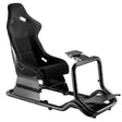 The image features a racing simulator seat, specifically the UVI Racing Seat Pro V2. It is designed for immersive racing experiences, showcasing a sleek, ergonomic design with a black fabric upholstery. The seat is mounted on a sturdy frame, which includes a platform for pedals and a support structure, emphasizing its functionality for sim racing enthusiasts.