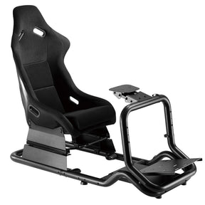 The image features a racing simulator seat, specifically the UVI Racing Seat Pro V2. It is designed for immersive racing experiences, showcasing a sleek, ergonomic design with a black fabric upholstery. The seat is mounted on a sturdy frame, which includes a platform for pedals and a support structure, emphasizing its functionality for sim racing enthusiasts.