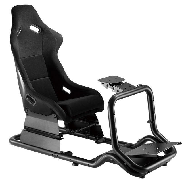 The image features a racing simulator seat, specifically the UVI Racing Seat Pro V2. It is designed for immersive racing experiences, showcasing a sleek, ergonomic design with a black fabric upholstery. The seat is mounted on a sturdy frame, which includes a platform for pedals and a support structure, emphasizing its functionality for sim racing enthusiasts.