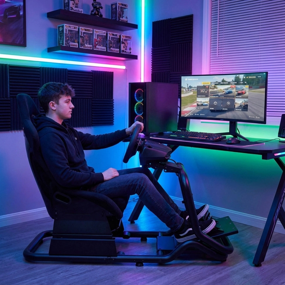 The image features a racing simulator seat, specifically the UVI Racing Seat Pro V2. It is designed for immersive gaming experiences, showcasing a user seated in a sporty, ergonomic position while holding a racing wheel. The background includes a gaming setup with ambient lighting, a monitor displaying a racing game, and a sleek computer tower, creating a modern gaming environment