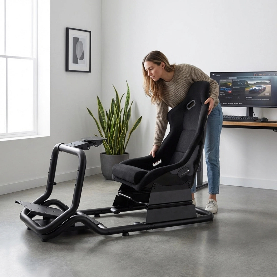 The image features a racing simulator seat, specifically the UVI Racing Seat Pro V2. It showcases a woman adjusting the seat, which has a sleek black design and ergonomic features suitable for gaming. The background includes a plant and a computer setup, indicating a modern gaming environment.