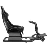 The product is a racing simulator seat, specifically the UVI Racing Seat Pro V2. The image shows a sleek, black seat designed for immersive gaming experiences, featuring a supportive backrest and a sturdy frame. It includes a mount for pedals, enhancing its functionality for racing simulations.