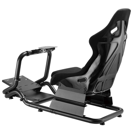 The product is a racing simulator seat, specifically the UVI Racing Seat Pro V2. It features a sleek black design with a supportive seat and backrest, designed for comfort during racing simulations. The frame includes a mounting plate for accessories, enhancing the overall gaming experience.