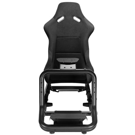 The product is a racing simulator seat, specifically the UVI Racing Seat Pro V2. It features a sleek, ergonomic design with a black fabric finish and a sturdy metal frame. The seat has cutouts for harnesses and a mounting plate for additional equipment, making it suitable for immersive racing experiences.