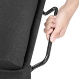 The image features a racing simulator seat, specifically the UVI Racing Seat Pro V2. It showcases a close-up of a hand gripping a metal handle attached to the seat, which is primarily black in color. The design suggests a focus on comfort and support for an immersive racing experience.