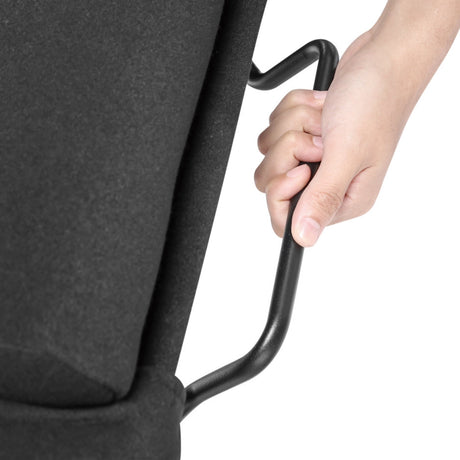 The image features a racing simulator seat, specifically the UVI Racing Seat Pro V2. It showcases a close-up of a hand gripping a metal handle attached to the seat, which is primarily black in color. The design suggests a focus on comfort and support for an immersive racing experience.