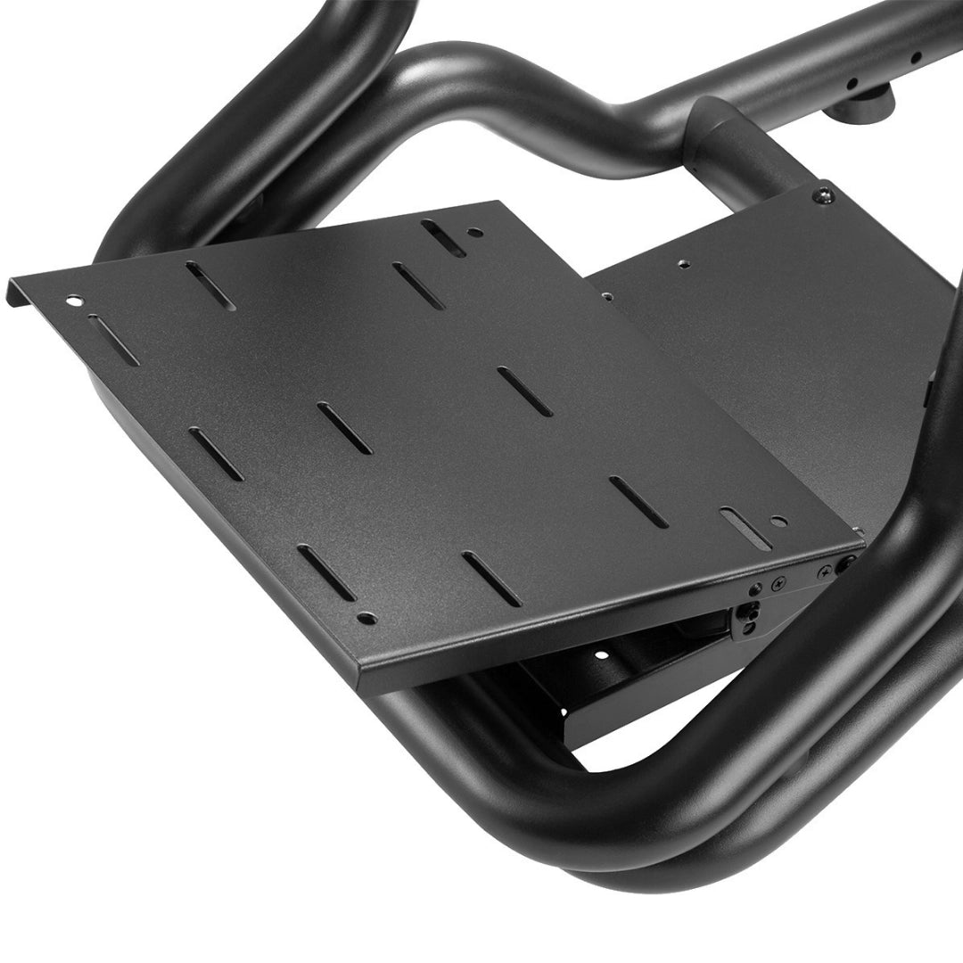 The image features a component of a racing simulator seat, specifically the UVI Racing Seat Pro V2. It showcases a black metal base with slotted mounting plates, designed for adjustable positioning and stability. This product is intended for enhancing the gaming experience in racing simulations.