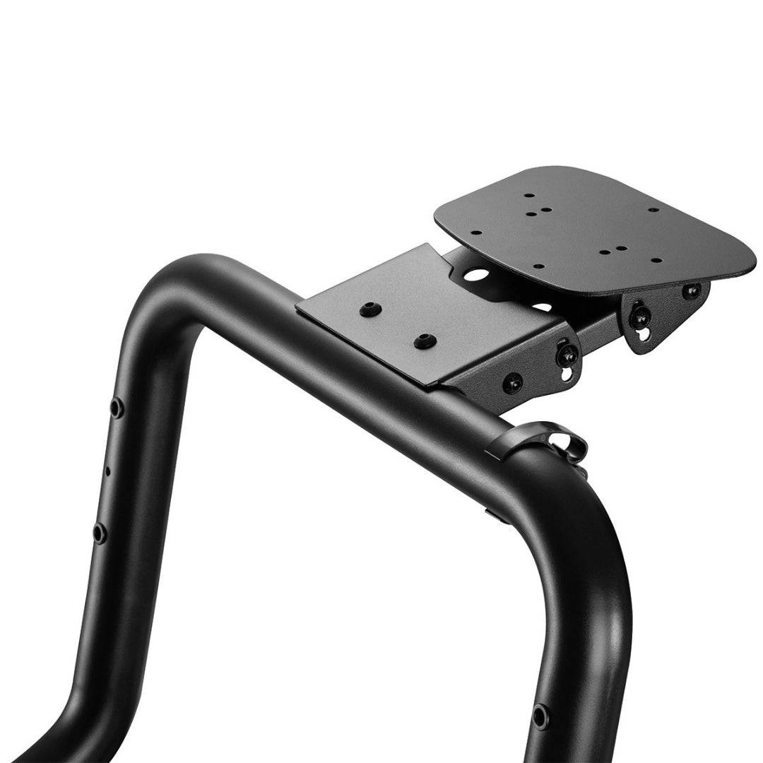 The image features a racing simulator seat, specifically the UVI Racing Seat Pro V2. It showcases a sturdy black metal frame with an adjustable mounting plate, designed to accommodate various steering wheel setups. The construction appears robust, emphasizing durability for an immersive racing experience.
