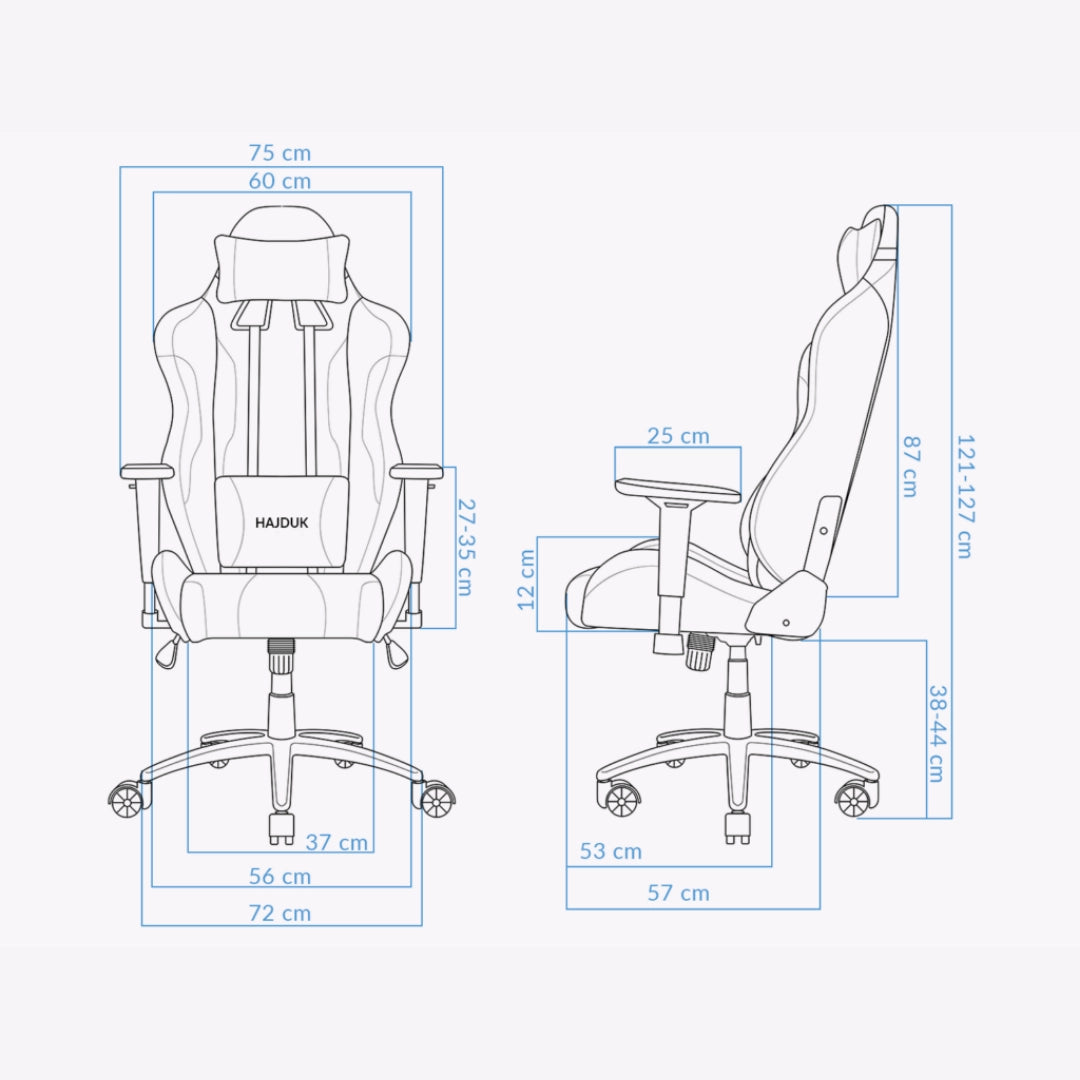 The image depicts a gaming chair, specifically the UVI X Hajduk model. It features an ergonomic design with adjustable armrests and a high back for support. The dimensions are clearly outlined, indicating its size and structure, making it suitable for gamers seeking comfort during extended use.