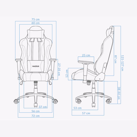 The image depicts a gaming chair, specifically the UVI X Hajduk model. It features an ergonomic design with adjustable armrests and a high back for support. The dimensions are clearly outlined, indicating its size and structure, making it suitable for gamers seeking comfort during extended use.