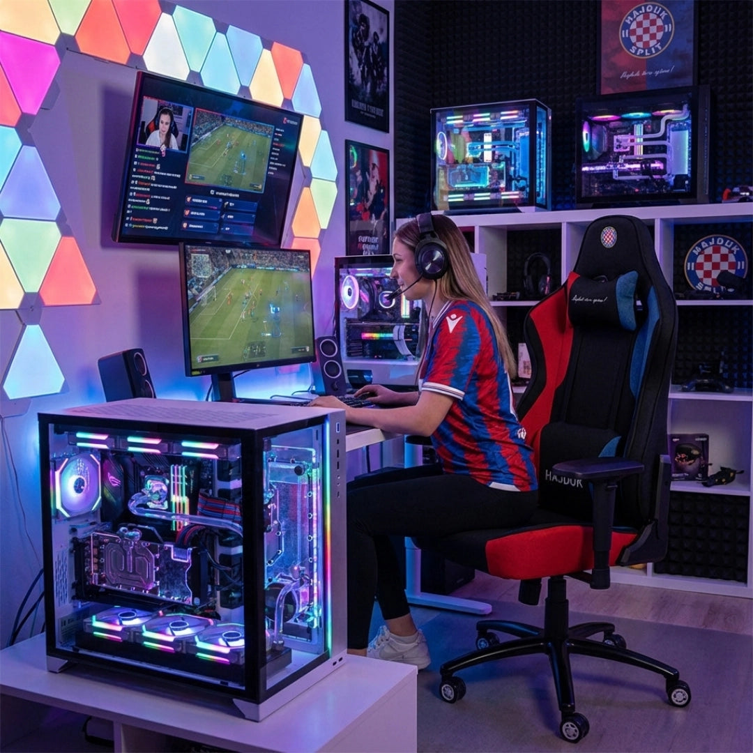 The image features a gaming chair, specifically the UVI X Hajduk model. It is designed for ergonomic support, suitable for long gaming sessions. The setting includes a colorful gaming room with multiple monitors displaying gameplay, a gaming PC with RGB lighting, and a person wearing a gaming headset, enhancing the immersive gaming atmosphere.