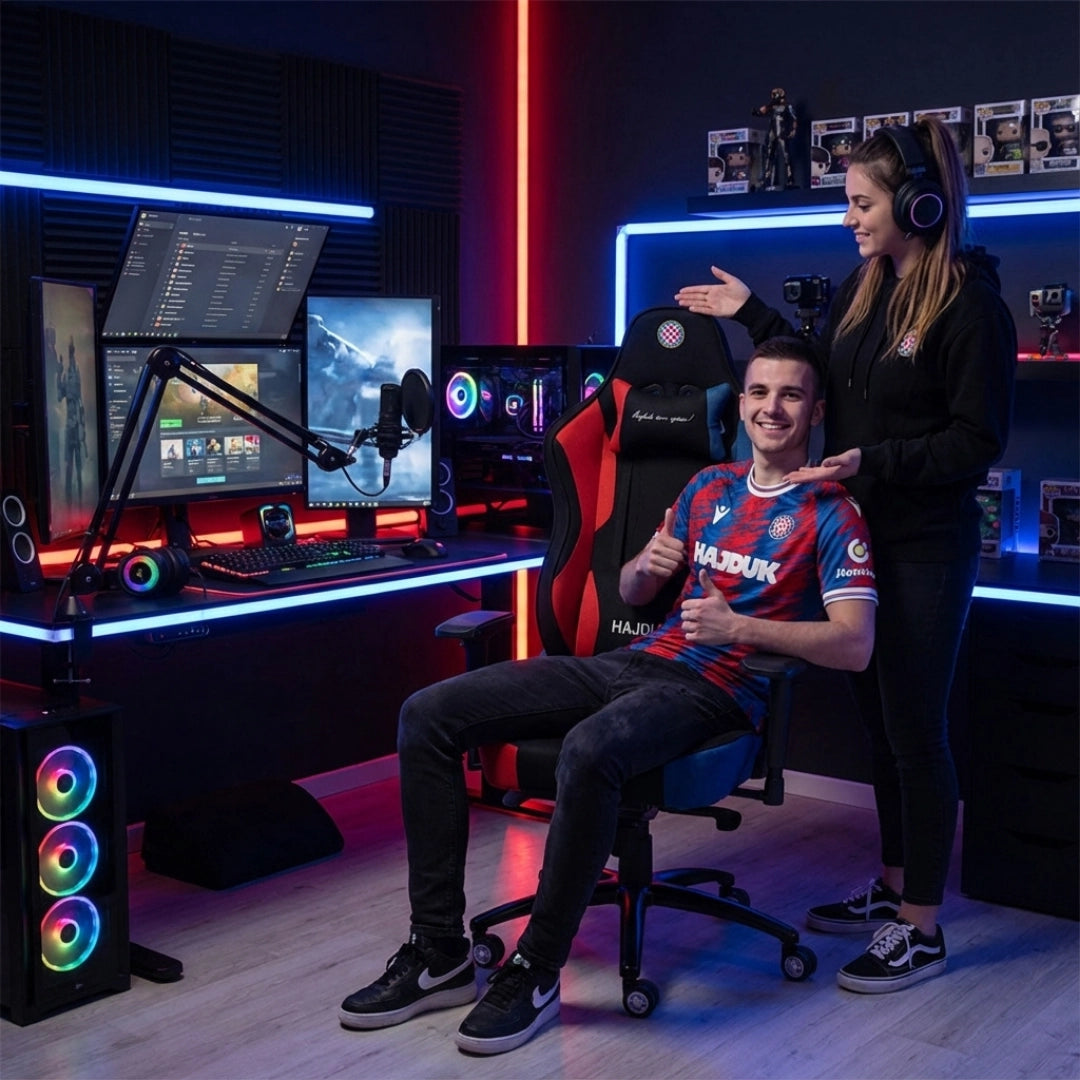 The image features a gaming chair, specifically the UVI X Hajduk model. The chair is designed for ergonomic comfort, suitable for long gaming sessions. In the scene, a young man sits in the chair, giving a thumbs-up, while a woman stands beside him, pointing at the chair. The background showcases a modern gaming setup with multiple monitors,