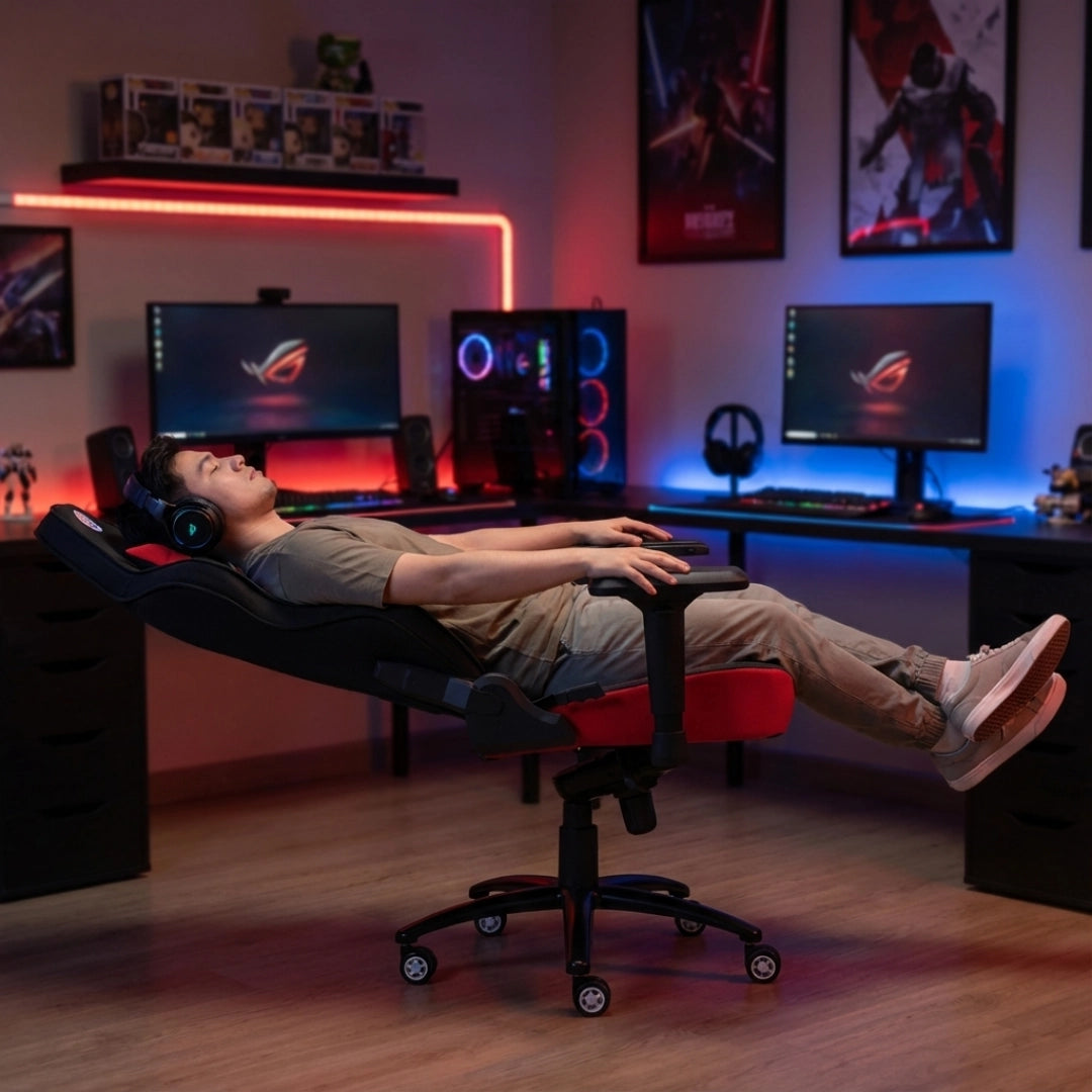 The image features a gaming chair, specifically the UVI X Hajduk model. It showcases a person reclining in the chair, which is designed for ergonomic comfort, ideal for long gaming sessions. The background includes a gaming setup with dual monitors, colorful LED lighting, and gaming accessories, creating a vibrant gaming atmosphere.