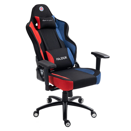 The product is a gaming chair, specifically the UVI X Hajduk model. It features a sporty design with a combination of black, red, and blue colors, and includes adjustable armrests and a supportive headrest. The chair is branded with the name "HAJDUK," indicating its affiliation with the Hajduk sports club.