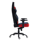 The product is a gaming chair, specifically the UVI X Hajduk model. The image shows the chair from the side, highlighting its ergonomic design with a high backrest and adjustable armrests. The chair features a combination of black, red, and blue colors, emphasizing a sporty aesthetic suitable for gaming setups.