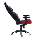The product is an ergonomic gaming chair, specifically the UVI X Hajduk model. The chair features a sleek design with a combination of red and blue fabric, providing both comfort and style. It has adjustable armrests and is mounted on a five-point base with wheels for mobility.