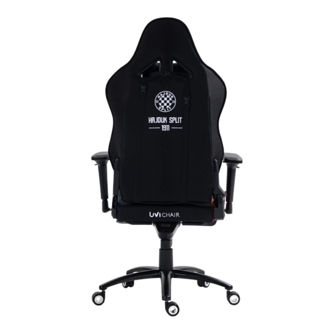 The product is a gaming chair, specifically the UVI X Hajduk model. The chair features a sleek design with a high backrest and is primarily black, adorned with the Hajduk Split logo and the year 1911. It includes adjustable armrests and a five-star base with wheels for mobility.