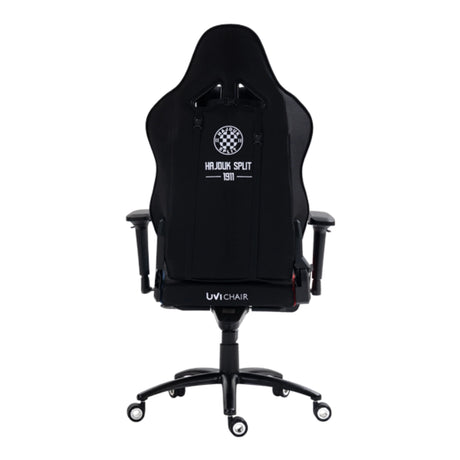 The product is a gaming chair, specifically the UVI X Hajduk model. The chair features a sleek design with a high backrest and is primarily black, adorned with the Hajduk Split logo and the year 1911. It includes adjustable armrests and a five-star base with wheels for mobility.