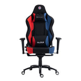 The product is an ergonomic gaming chair, specifically the UVI X Hajduk model. The chair features a sporty design with a combination of red and blue fabric, providing both comfort and style. It includes adjustable armrests and a supportive headrest, making it suitable for long gaming sessions.