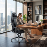 The image features an ergonomic office chair, specifically the UVI Elegant Business model. A woman is seated at a modern wooden desk, working on a laptop in a stylish office setting with large windows showcasing a city skyline. The office is well-decorated with plants and artwork, creating a professional atmosphere.