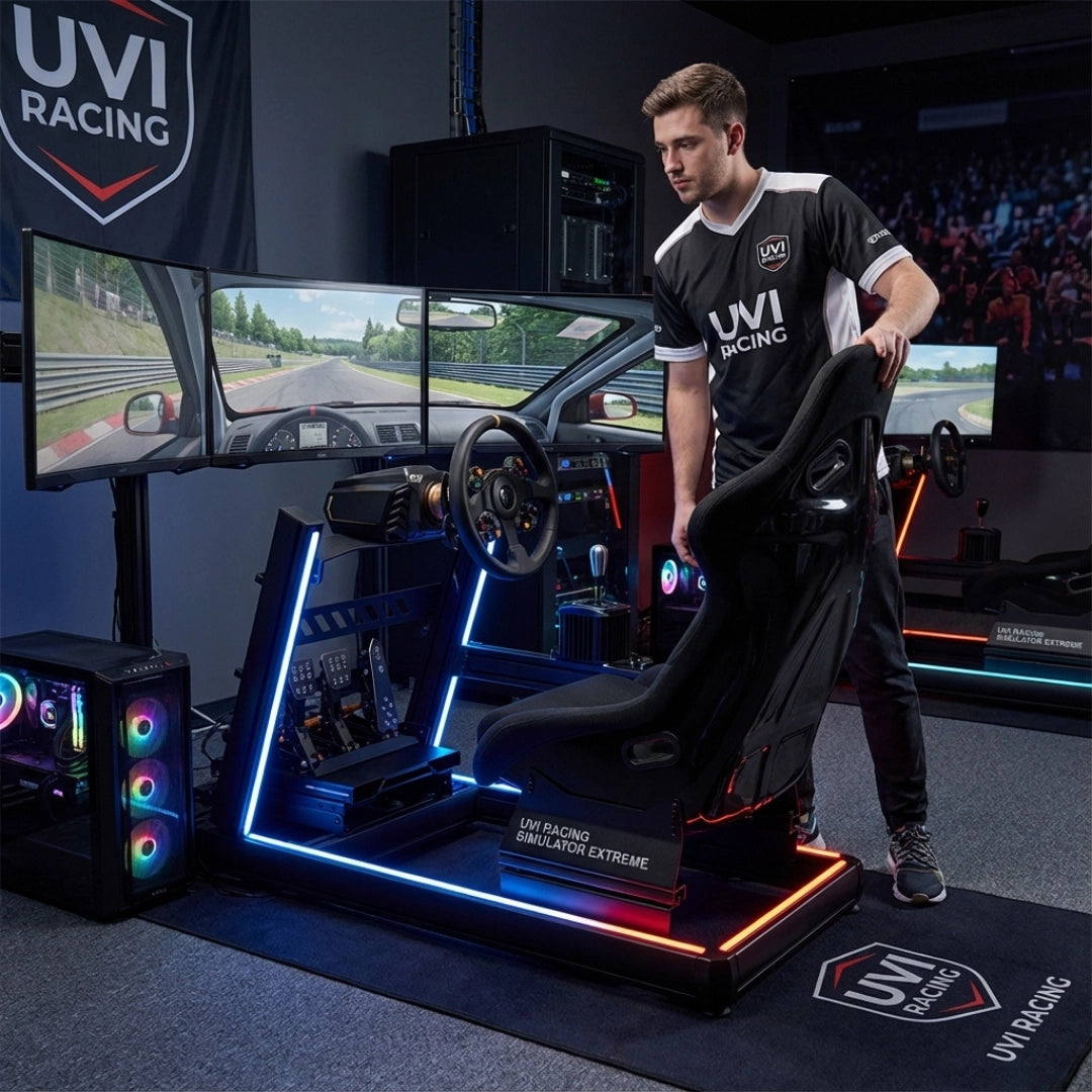 The image features a racing simulator setup, specifically the UVI Racing Simulator Extreme. It showcases a realistic racing seat, a steering wheel, and multiple monitors displaying a racing game environment. The setup includes ambient lighting and a modern design, emphasizing an immersive gaming experience. A person is seen adjusting the seat, highlighting the ergonomic aspect of the simulator.