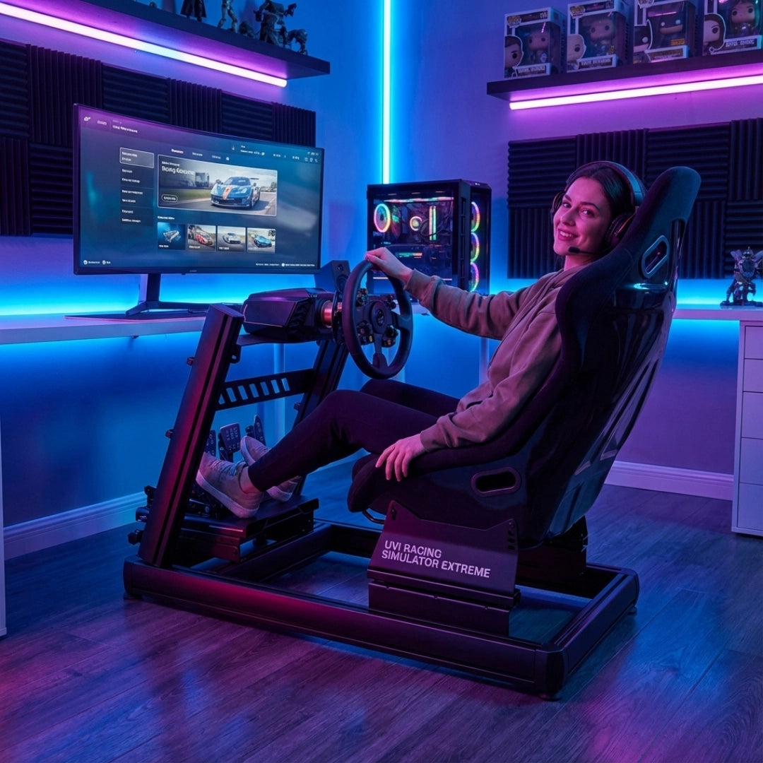 The product is a racing simulator setup, specifically the UVI Racing Simulator Extreme. The image shows a person seated in a racing-style chair, gripping a steering wheel attached to a frame that includes pedals. The background features a monitor displaying a racing game interface, illuminated by colorful LED lights, creating a vibrant gaming atmosphere.