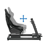 The image depicts a racing simulator seat, specifically the UVI Racing Simulator Extreme. It features a sleek design with adjustable seating positions, allowing for enhanced comfort and ergonomics during racing simulations. The frame is sturdy, designed to accommodate various user preferences.
