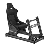 The product is a racing simulator seat, specifically the UVI Racing Simulator Extreme. The image shows a sleek black racing seat mounted on a sturdy frame, designed for an immersive gaming experience. The seat features ergonomic design elements for comfort, with cutouts for harnesses, and the frame appears robust, allowing for stability during use.