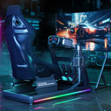 The product is a racing simulator, specifically the UVI Racing Simulator Extreme. The image showcases a sleek racing seat designed for immersive gaming, accompanied by a steering wheel and pedal setup. A large screen displays a vibrant racing game scene, enhancing the overall gaming experience with dynamic lighting effects.