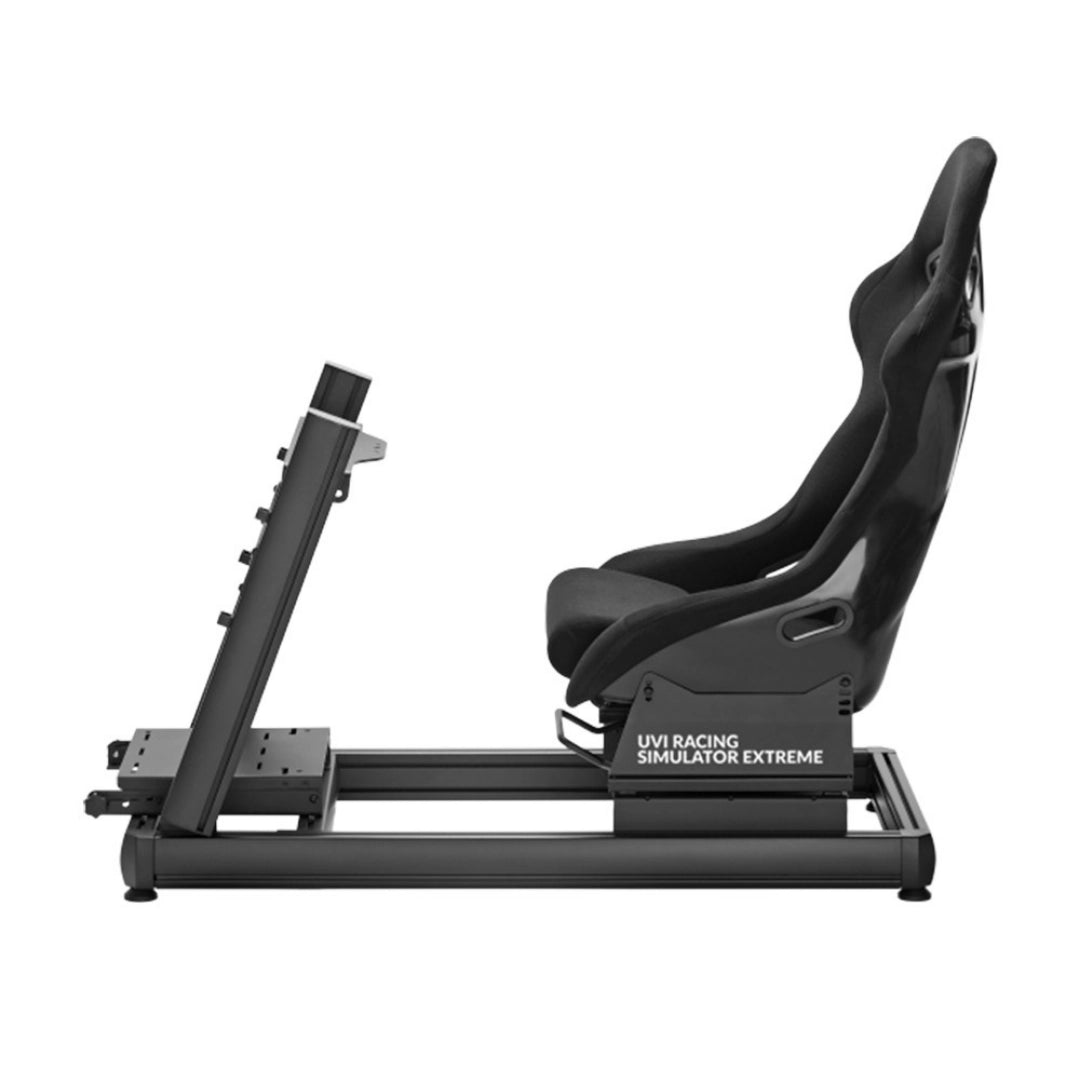 The product is a racing simulator seat, specifically the UVI Racing Simulator Extreme. The image shows a sleek, ergonomic racing seat mounted on a sturdy frame, designed for an immersive gaming experience. The seat features a modern design with a high backrest and is positioned to allow for optimal driving posture.