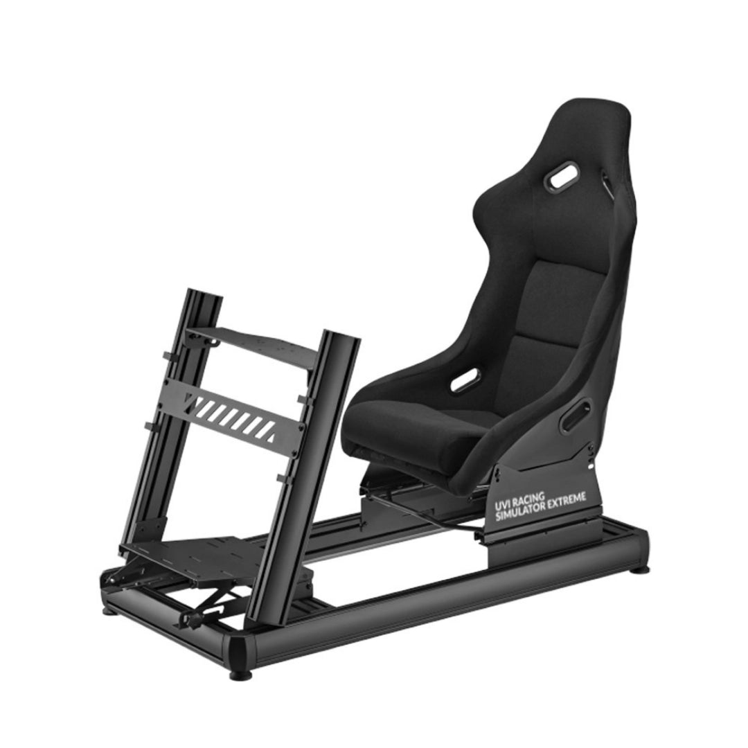 The product is a racing simulator seat, specifically the UVI Racing Simulator Extreme. The image shows a black racing seat mounted on a sturdy frame, designed for immersive gaming experiences. The seat features a sleek design with cutouts for safety harnesses, providing both comfort and support for racing enthusiasts.