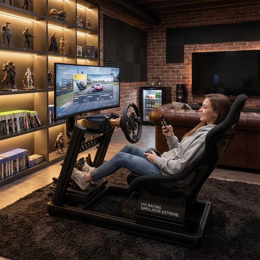The image features a racing simulator setup, specifically the UVI Racing Simulator Extreme. It includes a racing seat, steering wheel, and a large monitor displaying a racing game. A woman is seated in the simulator, holding a game controller and looking relaxed while enjoying the gaming experience. The background showcases a stylish gaming room with shelves displaying collectibles and a mini-fr