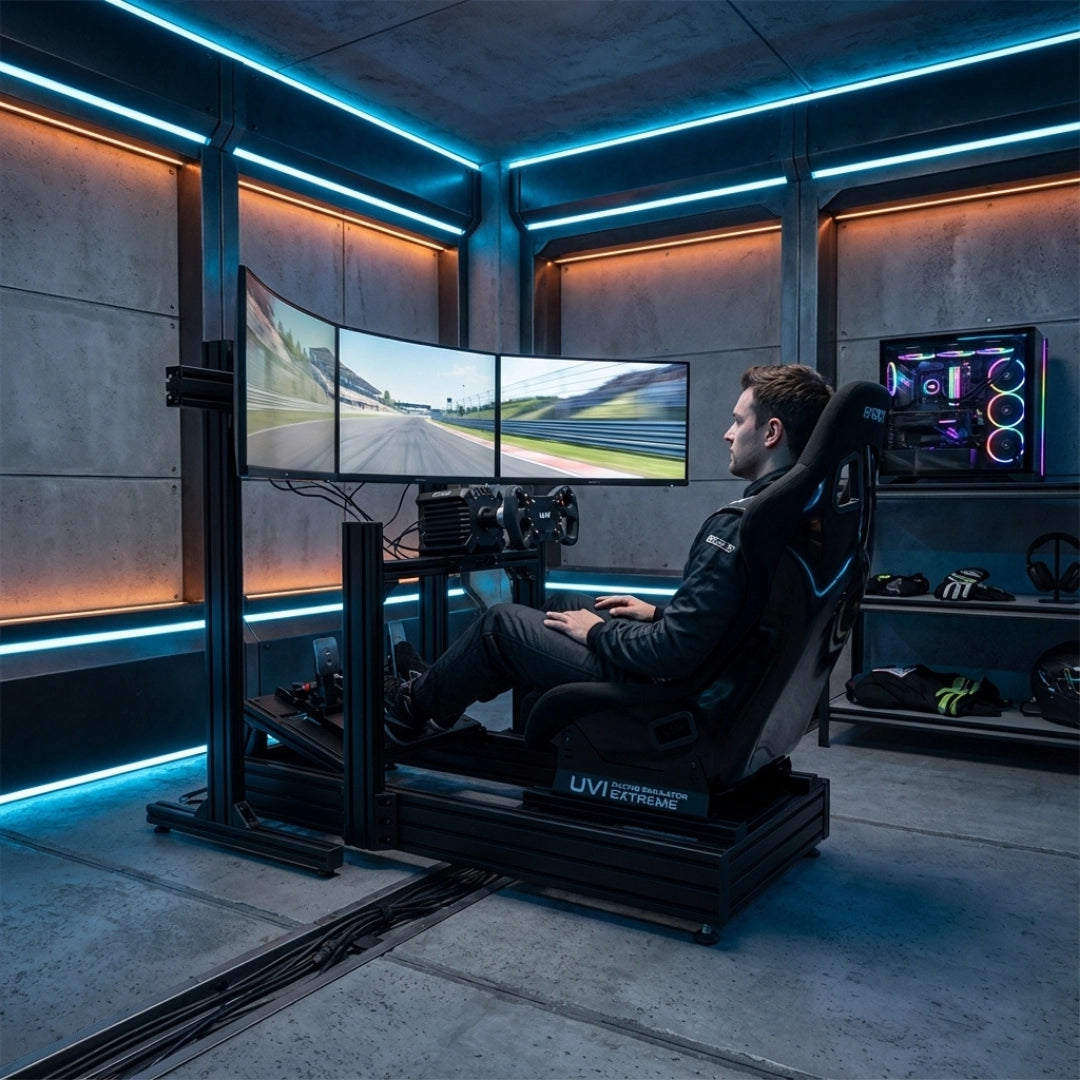 The image features a racing simulator setup, specifically the UVI Racing Sim Extreme. It showcases a sleek design with a racing seat, a steering wheel, and three curved monitors displaying a racing scene. The environment is modern and illuminated with ambient lighting, enhancing the immersive gaming experience.