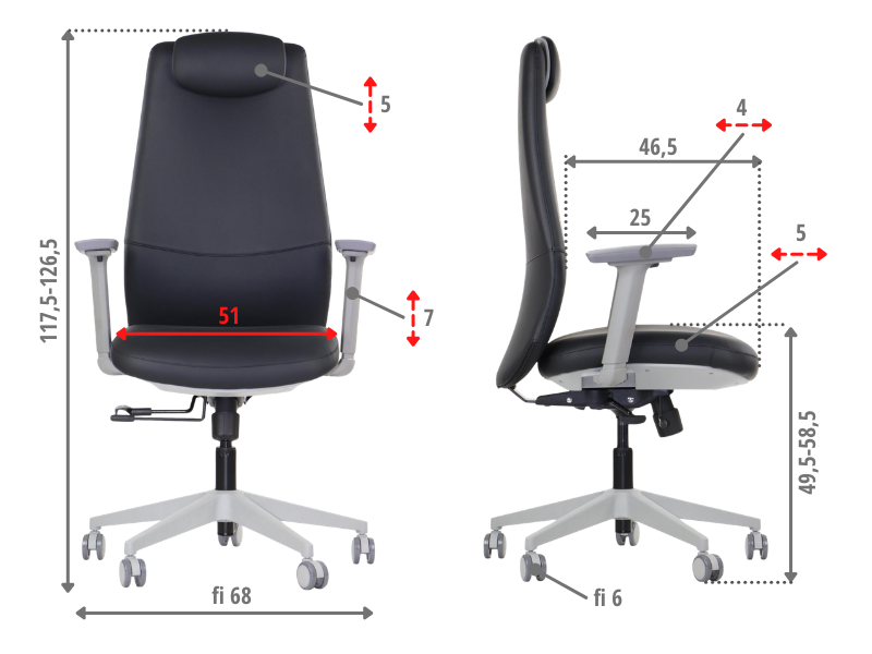 SELLA – Black / grey frame – Dimensions and adjustment ranges