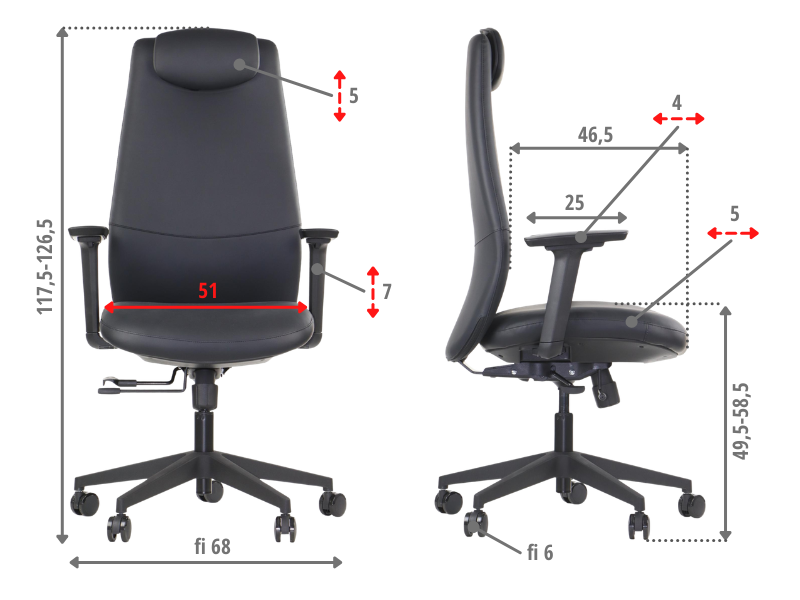 SELLA – Black / black frame – Dimensions and adjustment ranges